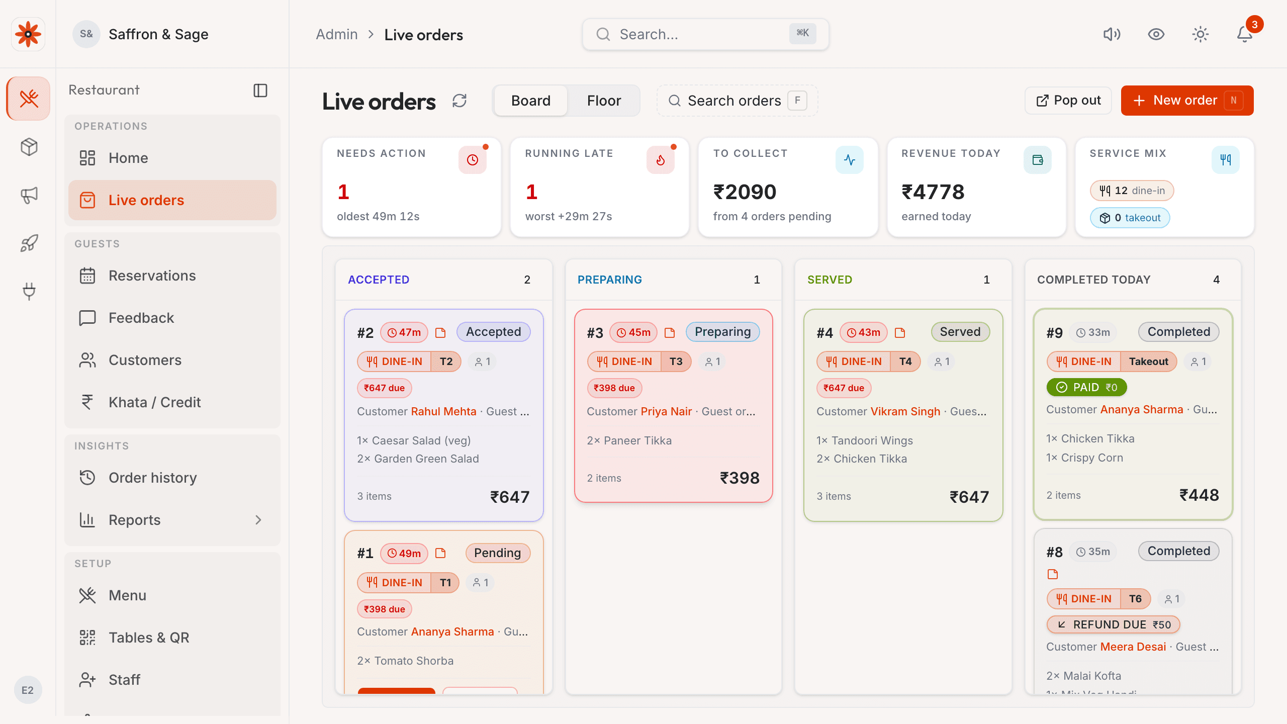 eRestro owner live orders dashboard showing restaurant orders and operational status